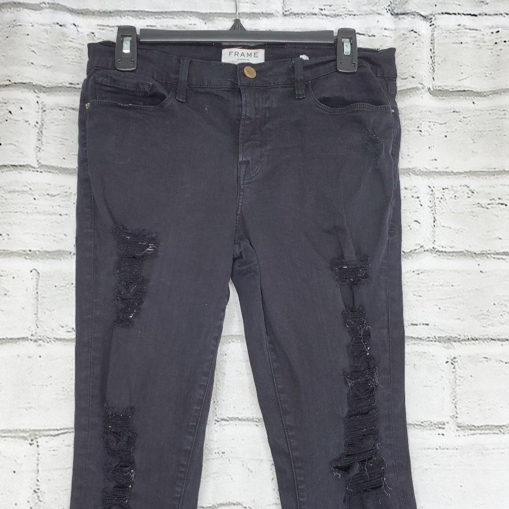Frame le skinny de jeanne Distressed ankle jeans size 30 solid black - Picture 11 of 12